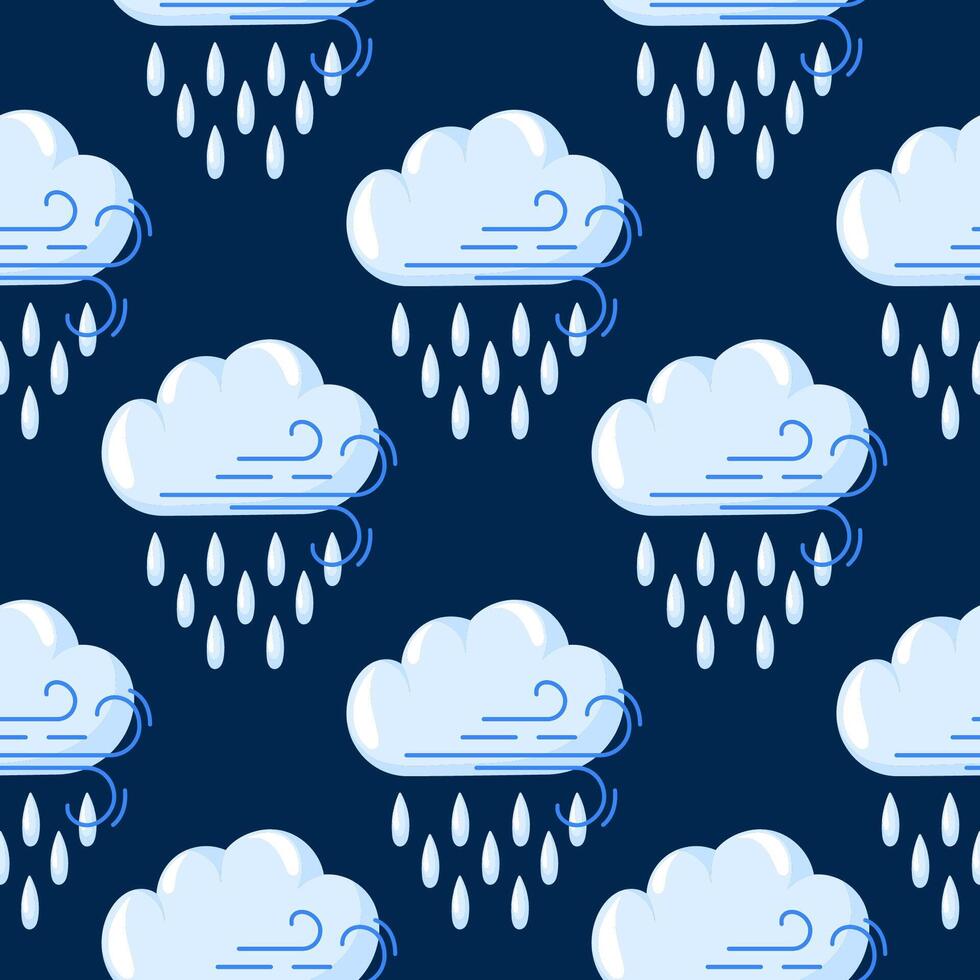 Seamless pattern with rain cloud, wind and raindrops on dark background in cartoon style. Perfect for weather forecast, textile, wrapping paper or kids design. vector