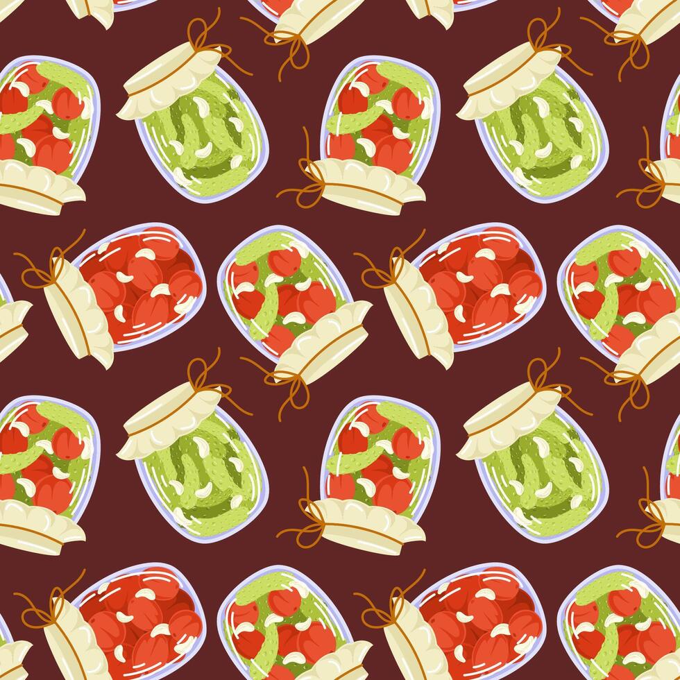 Seamless pattern of marinated vegetable in glass jars in cartoon style. Perfect for kitchen decor, food packaging, farm market design and autumn harvest product. vector