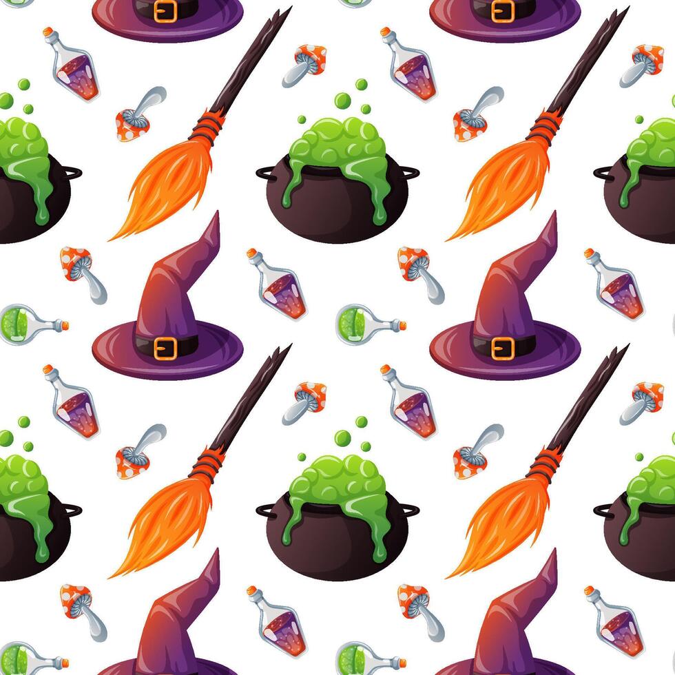 Seamless Halloween pattern with witch hat, broom, potion, fly agaric mushroom and bubbling cauldron on white background in cartoon style. Perfect for seasonal wrapping paper and festive decoration. vector