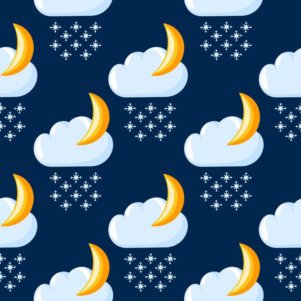 Seamless pattern with winter weather icon clouds, moon and snowflakes in cartoon style. Design is perfect for seasonal projects, winter designs and wrapping on a dark blue background. vector