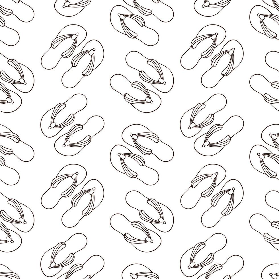Seamless pattern of flip flops in line art style. Perfect for summer beachwear, tropical textile, wrapping paper, vacation theme and warm season fashion accessories. vector