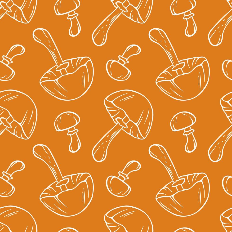 Autumn Skullcap inedible mushroom seamless pattern in line art style. Pattern for wrapping paper, fabric, design on a orange background. vector