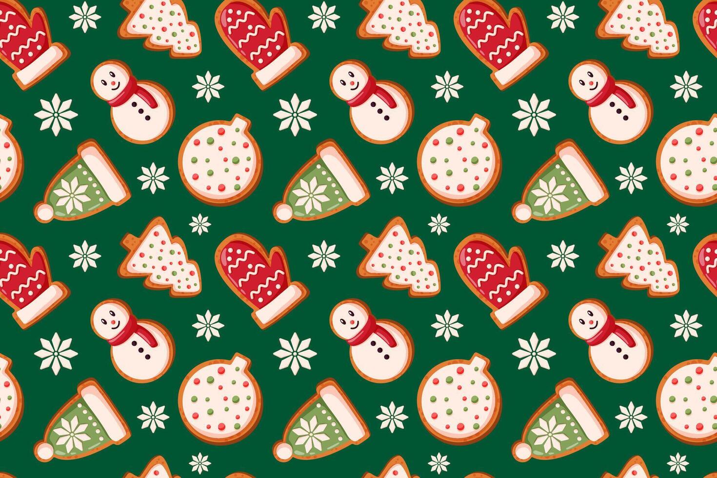 Seamless Christmas gingerbread cookie pattern with festive bakery snowman, mitten, hat, tree and snowflake on green background. Cartoon style illustration for holiday, wrapping paper and seasonal vector