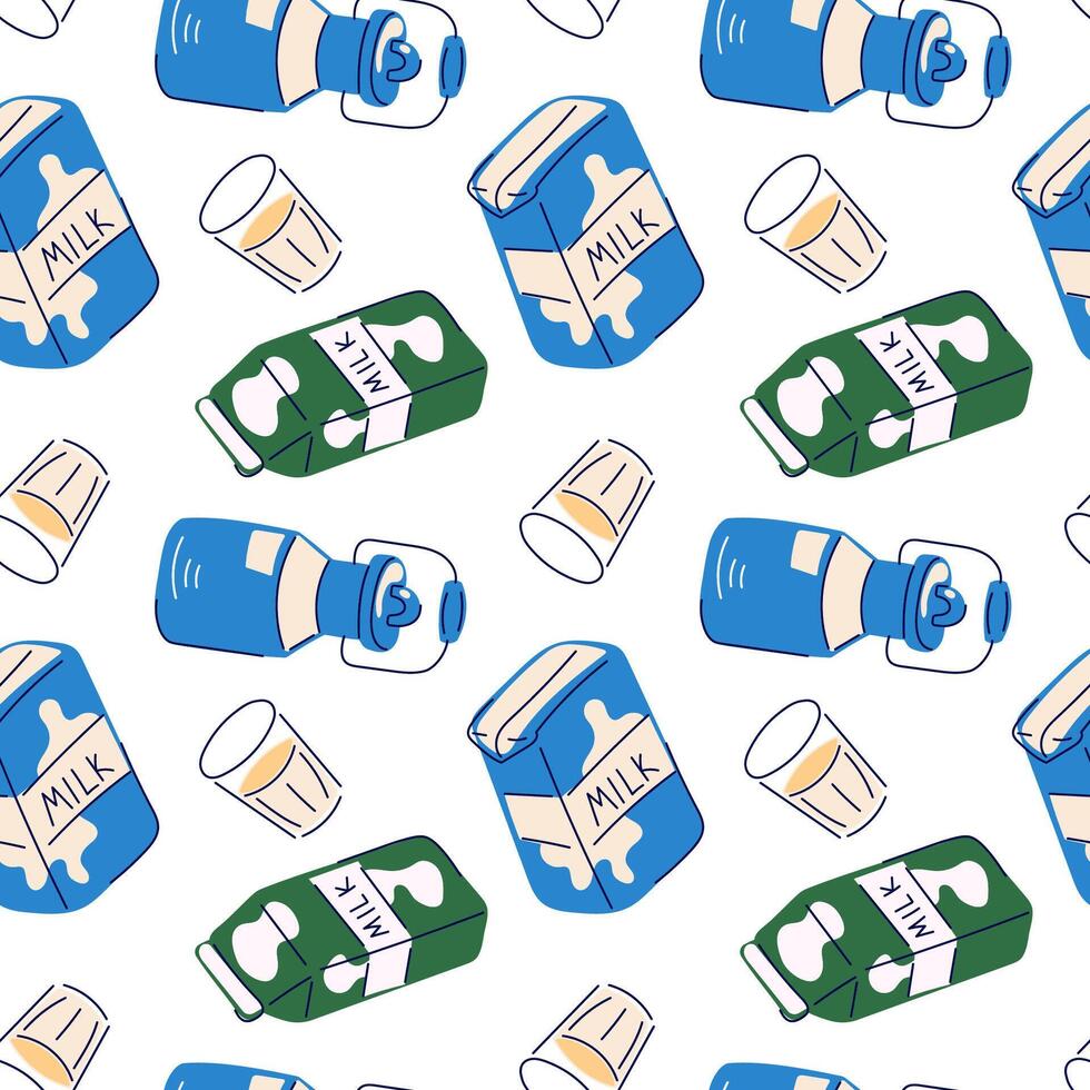 Seamless dairy pattern with milk bottle, carton and glass in a flat style on white background. Perfect for packaging, grocery design, breakfast print and healthy food branding. vector