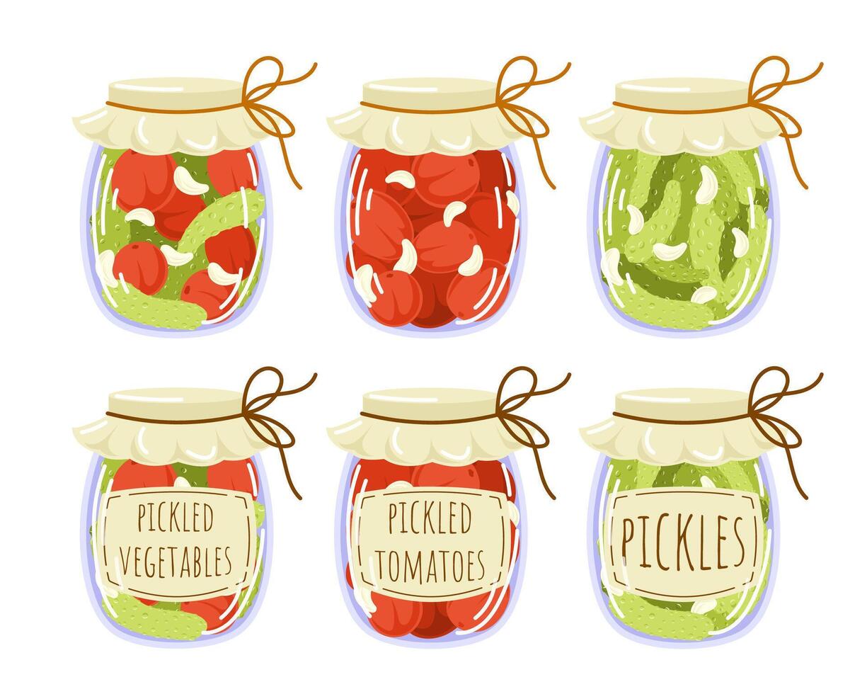 Pickled vegetables collection in flat style. Marinated cucumber, tomatoes, garlic. Autumn marinate food in jar with labels. Illustration isolated on a white background. vector