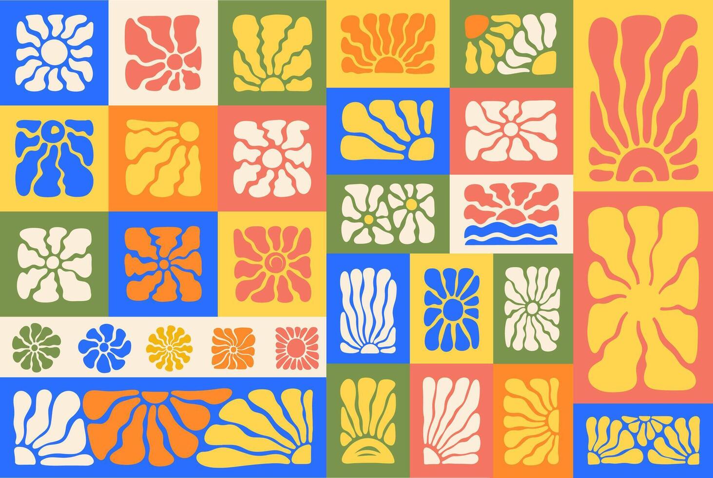 Colorful abstract set featuring groovy sunbursts, floral doodle shapes in retro naive hippie style vector