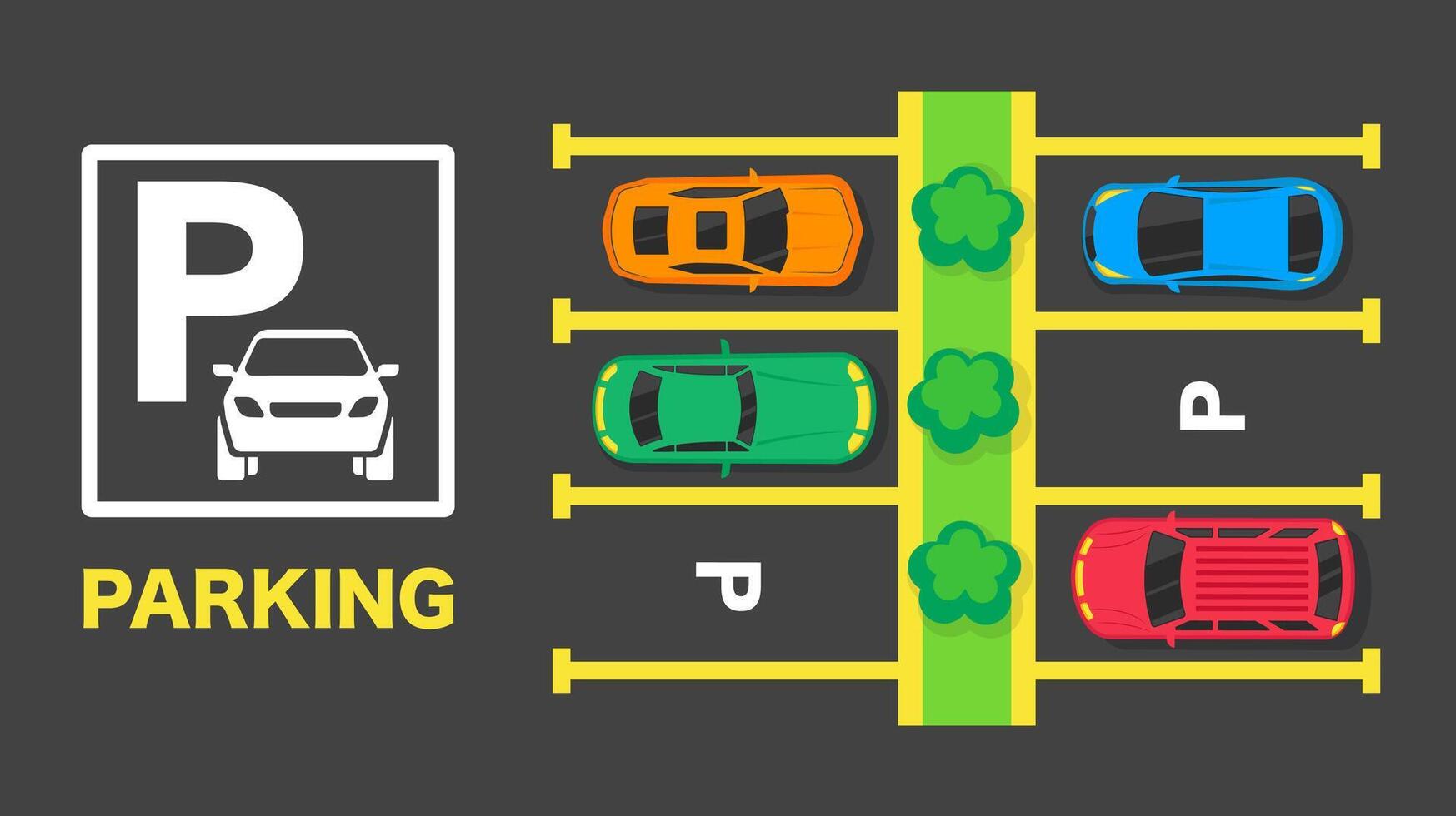 Parking Sign Banner with Top Cars. Parking zone air view scene vector