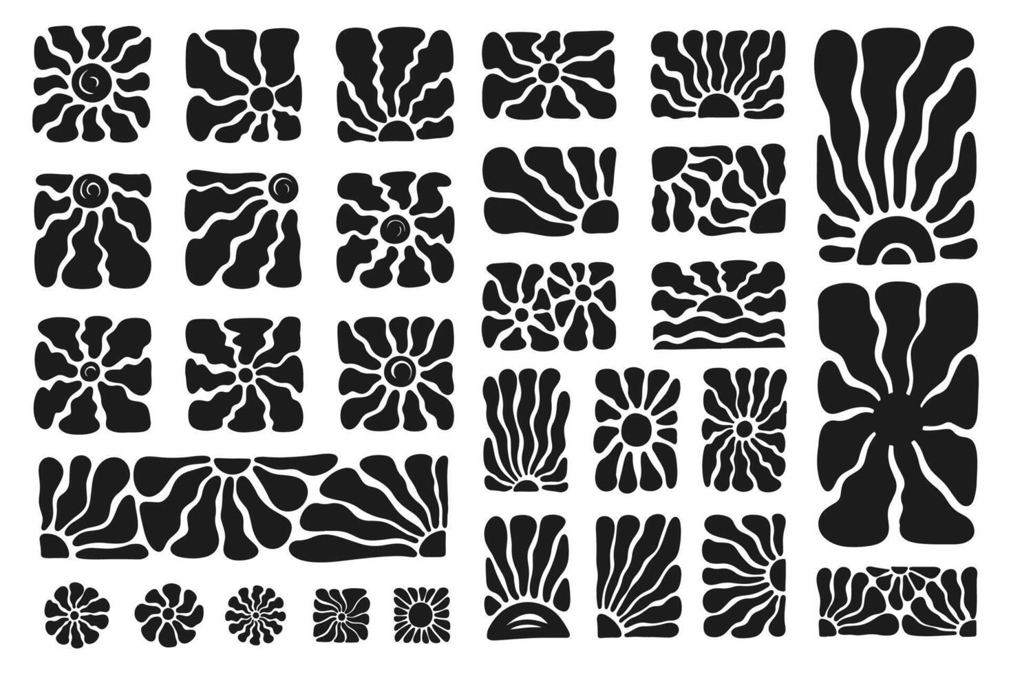 Groovy abstract organic art set. Sunburst doodle shapes in trendy naive retro hippie 60s 70s style vector