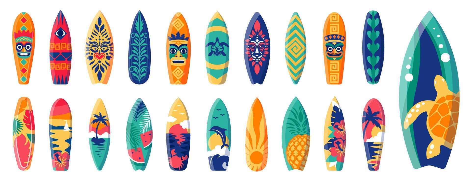 Surfboard Set. Cartoon Surf Boards with Tropical Prints, Retro Beach Elements vector