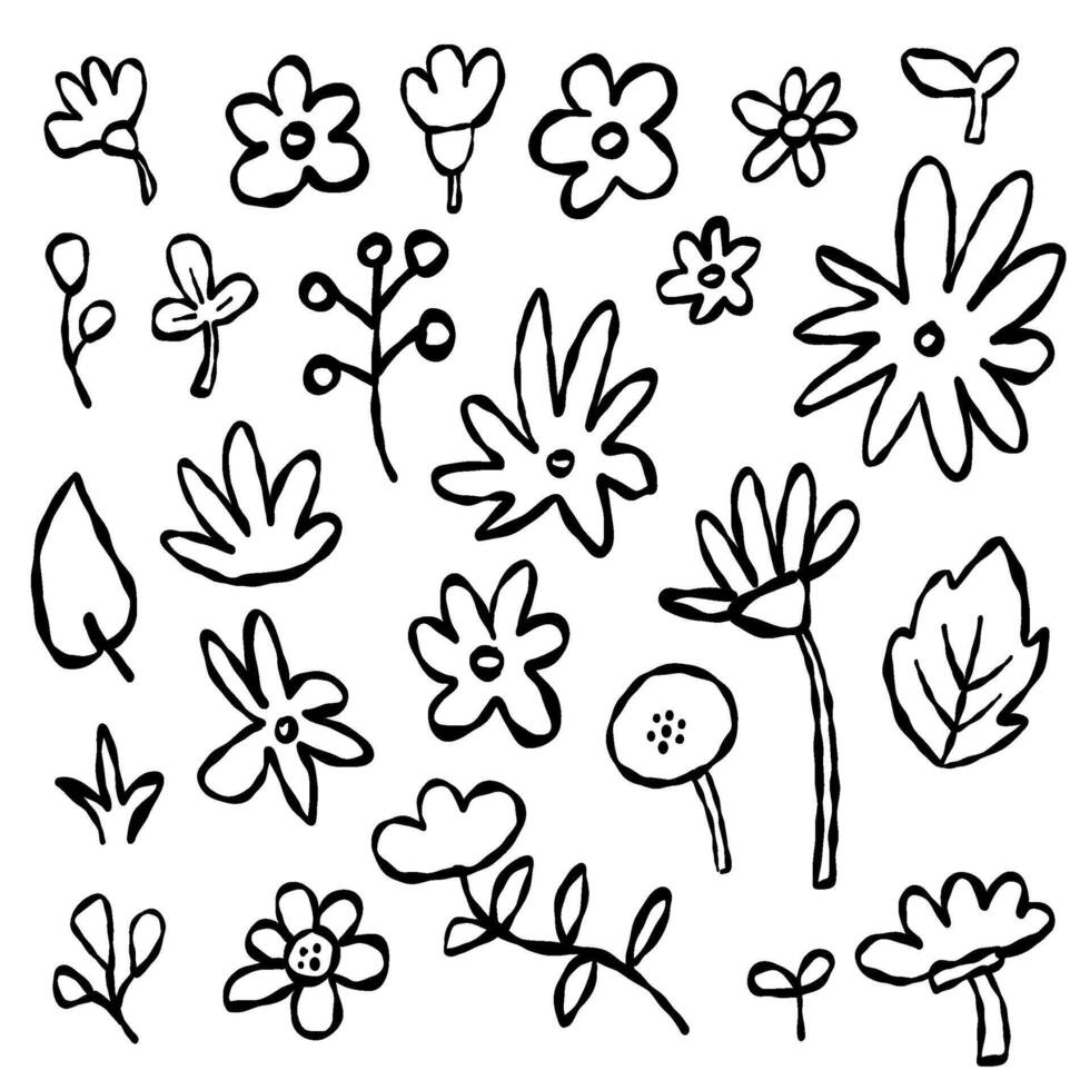 Flower Leafs Cute Kid style hand drawn Black ink color Bundle set vector