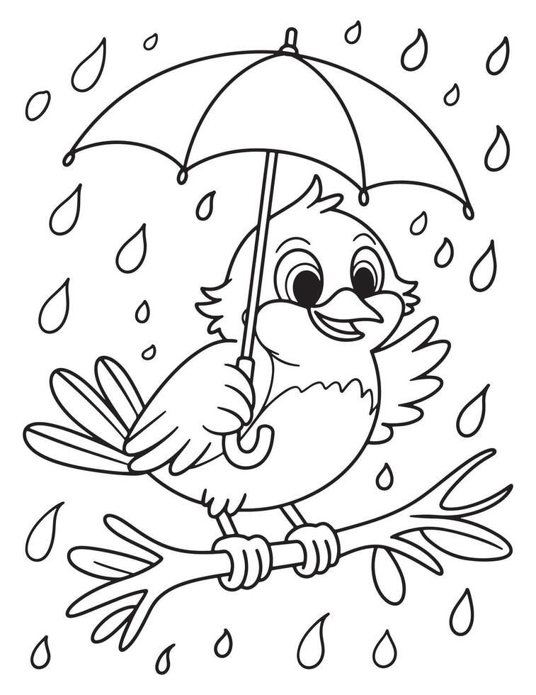 Bird with Umbrella on Rainy Day Cute Cartoon Line Art vector