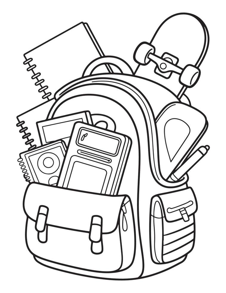 Backpack with School Supplies Line Art vector