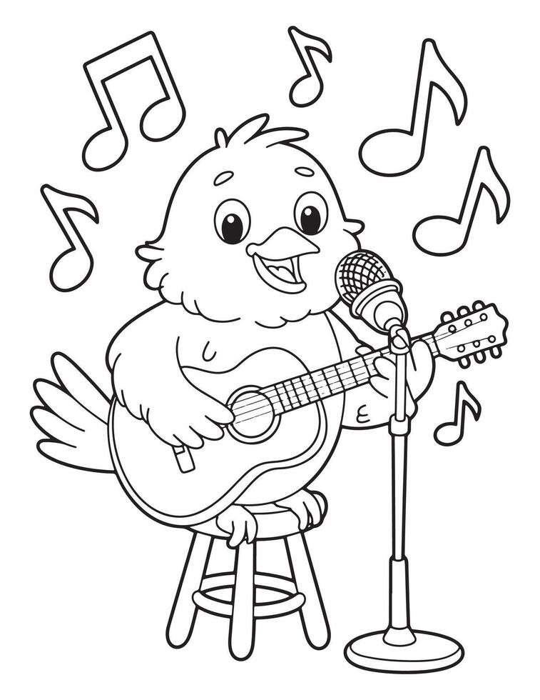 Cute Bird Playing Guitar and Singing Outline for Coloring Book vector