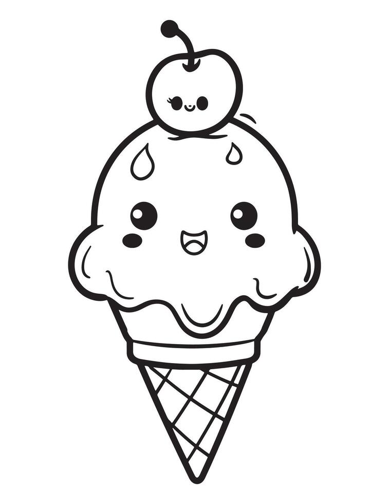 Smiling Kawaii Ice Cream Cone Cute Summer Coloring Page for Kids vector