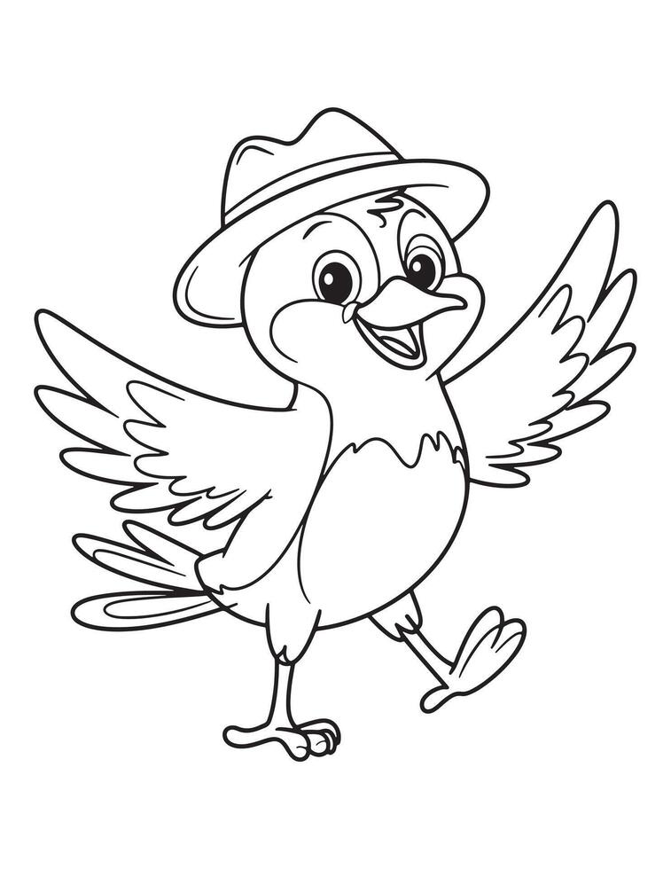 Cute Bird with Fedora Hat Cartoon Style Line Art vector