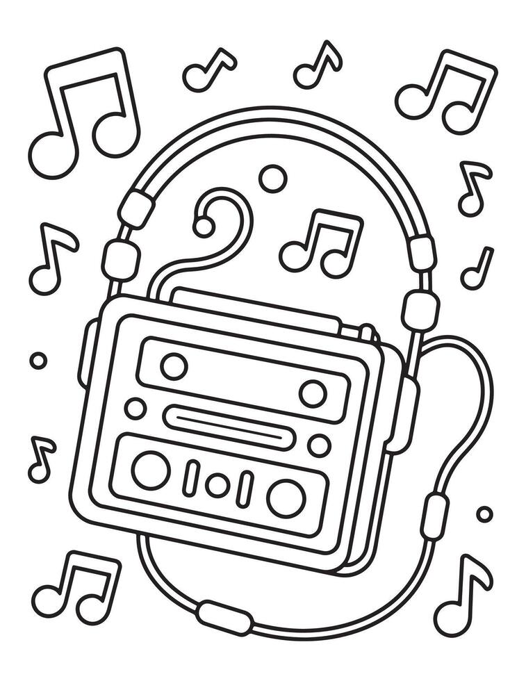 A drawing of a cassette player and music notes vector