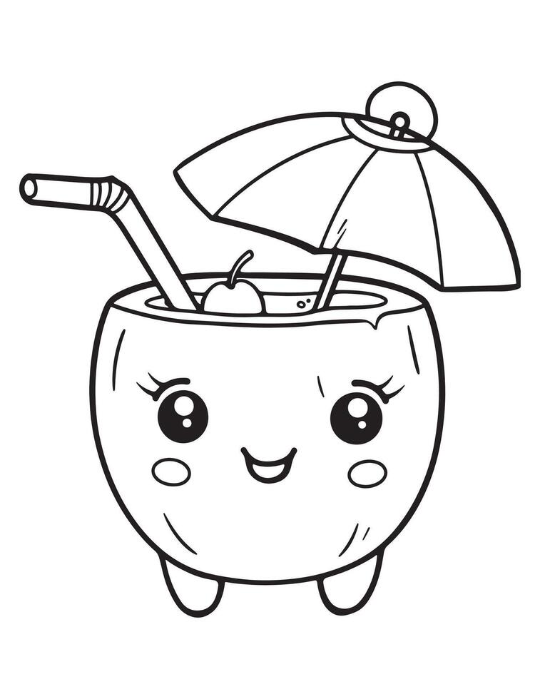 Kawaii Coconut Drink with Umbrella Smiling Summer Beverage Coloring Page vector