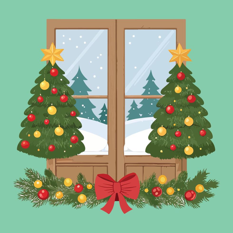Christmas Window Scene with Decorated Trees Clipart vector