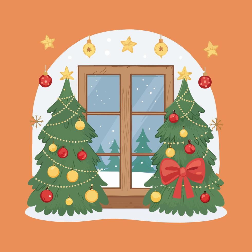 christmas greeting card with christmas tree and window decoration vector