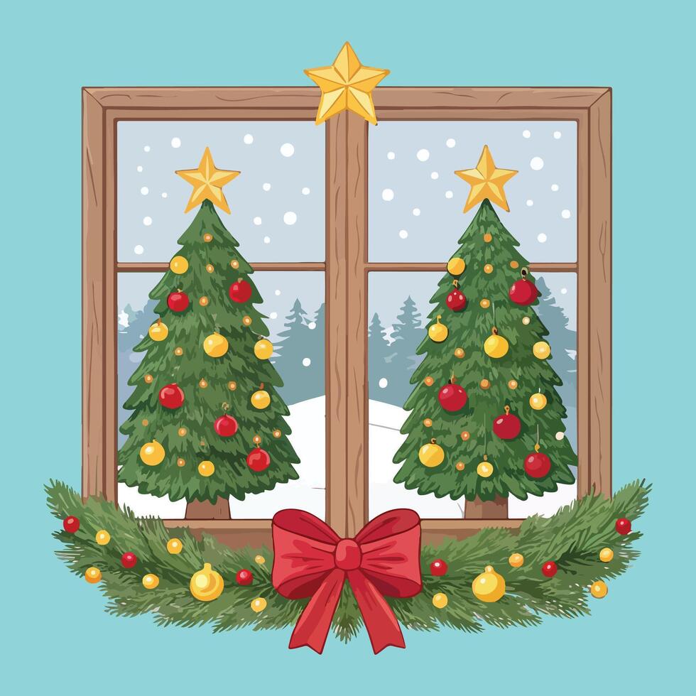 Christmas tree with gift boxes with window scene vector