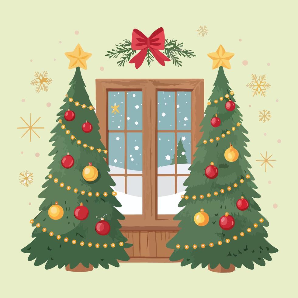 christmas tree with red balls window gift vector