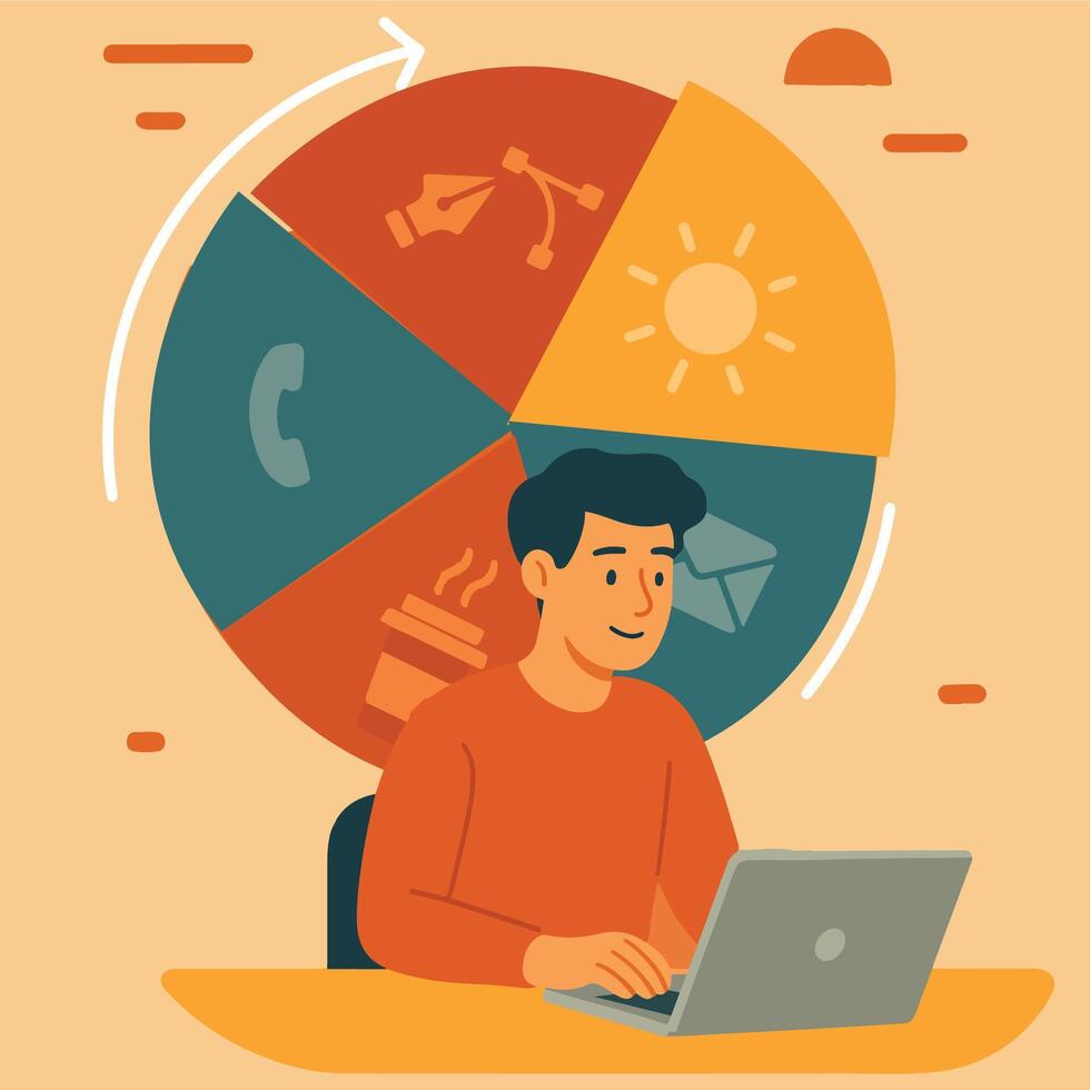 Freelancer working on laptop with pie chart icons vector
