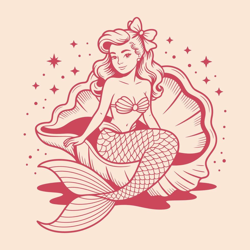 Beautiful Mermaid Sitting in Seashell with Sparkles Vintage Style vector