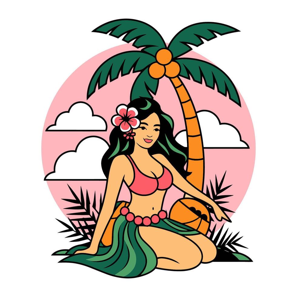 Hawaiian Hula Girl with Palm Tree Cartoon Illustration vector