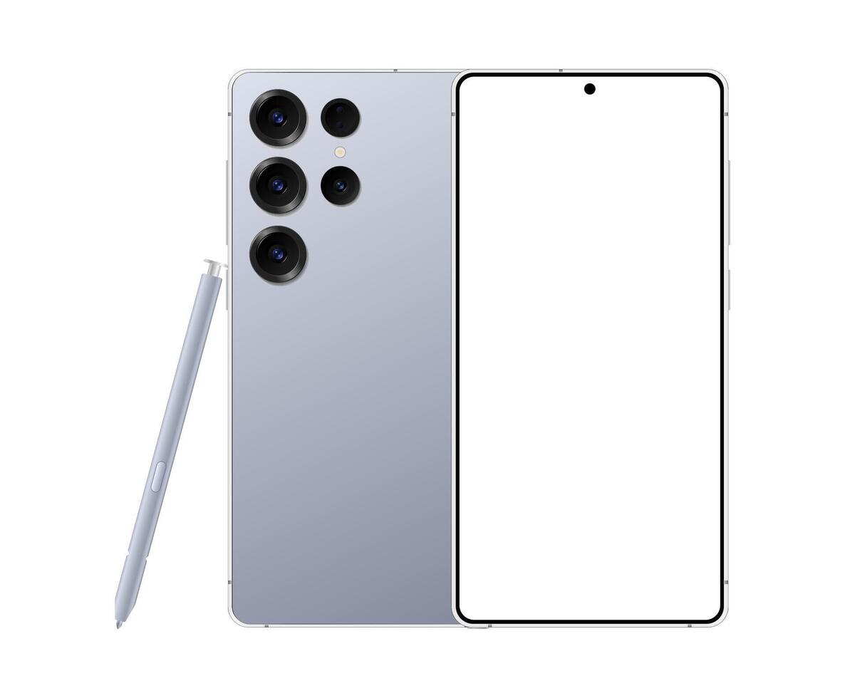 Latest mobile phone mockup device with blank display, realistic template front and back view for social media advertisement. Smartphone with stylus pen illustration vector