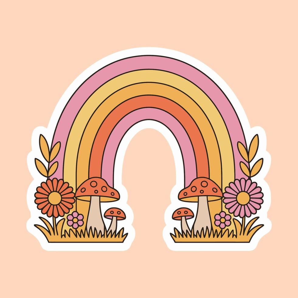 Retro Rainbow with Mushrooms and Flowers Illustration vector