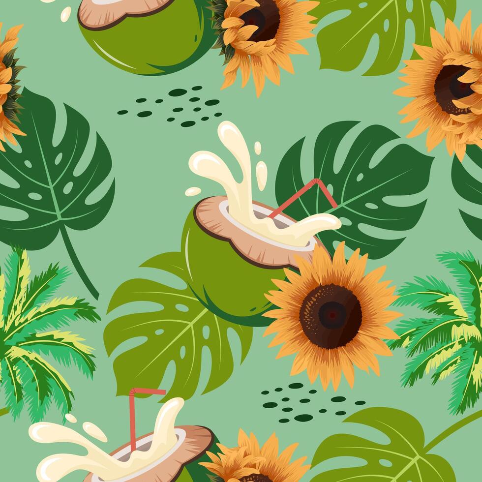 Tropical pattern with coconut water and sunflower seamless pattern for fabric background decoration vector