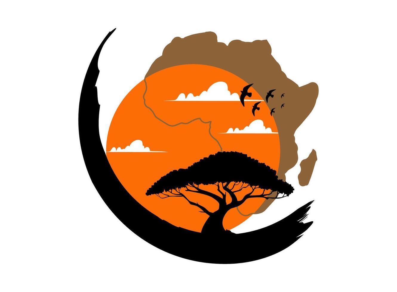 African circle logo, Acacia tree icon silhouette, Africa map sign on sunset. Nature, exotic plant, Safari for printing, design or digital art. Colorful symbol isolated on white background vector