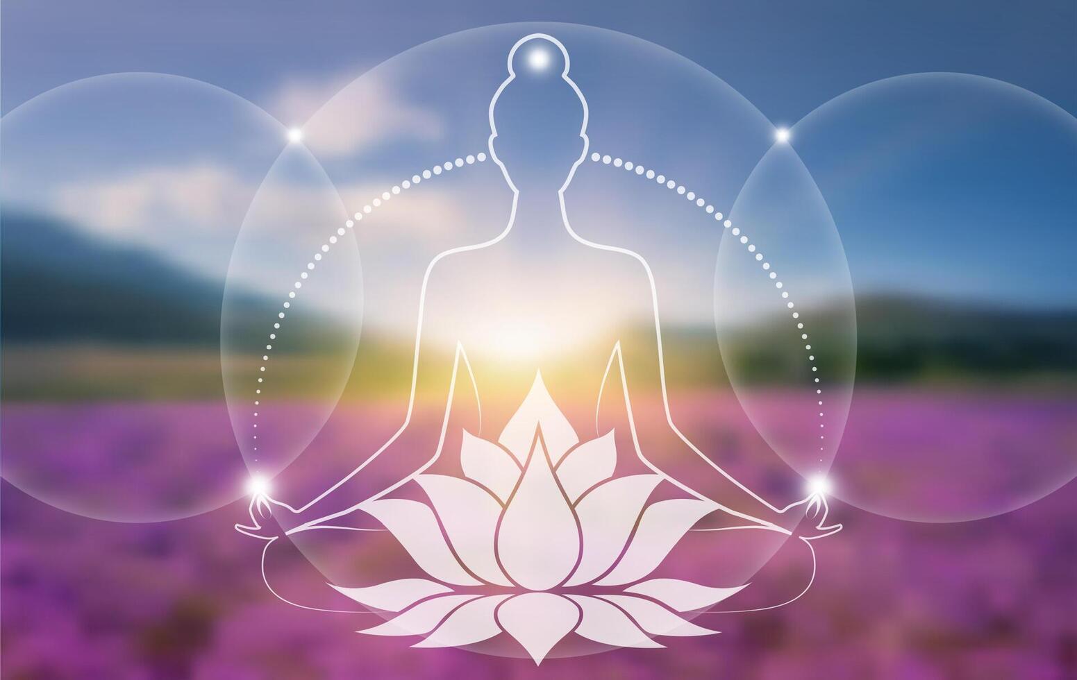 Woman sitting in lotus position and meditating. Sacred Lotus flower, symbol of yoga, spa, beauty salon, cosmetics, relax, brand style. flows of energy and particles, blurry colorful nature background vector