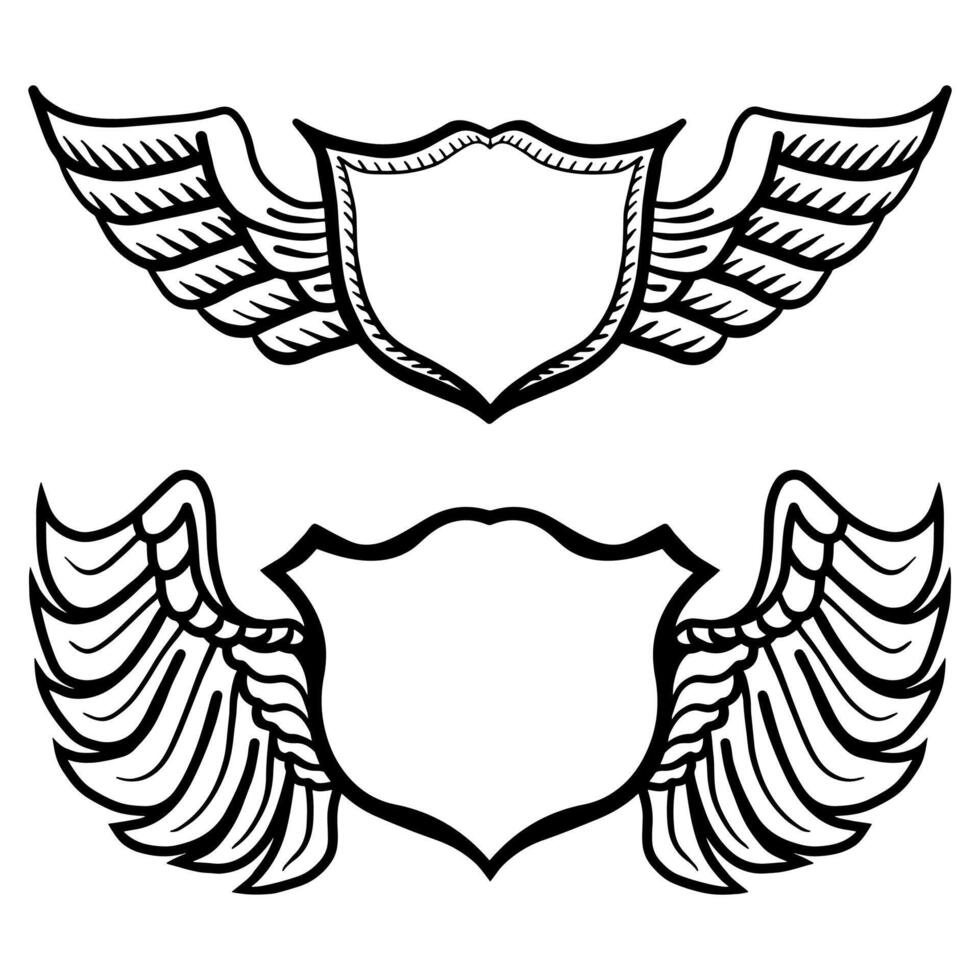 Hand drawn shield and wings. heraldic shield with wings vector