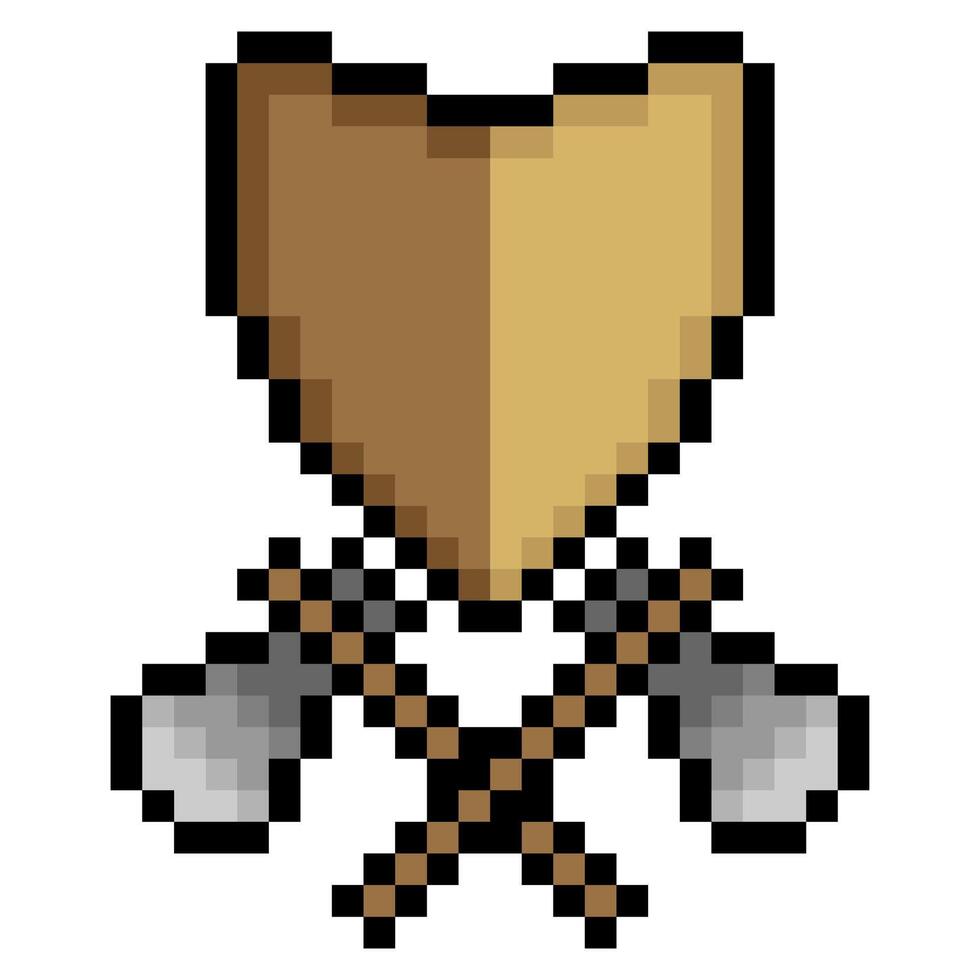 Shield and two axes crossed in pixel art style vector