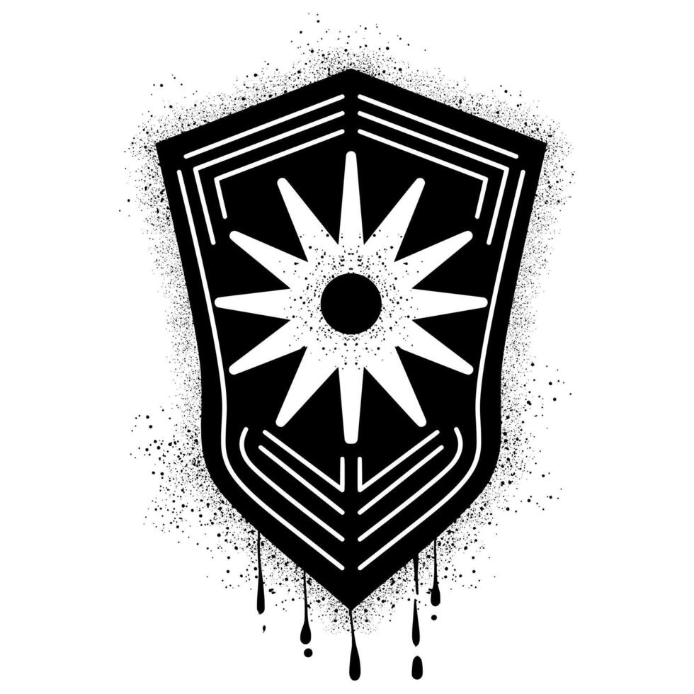 Shield with sun symbol with black spray paint graffiti vector