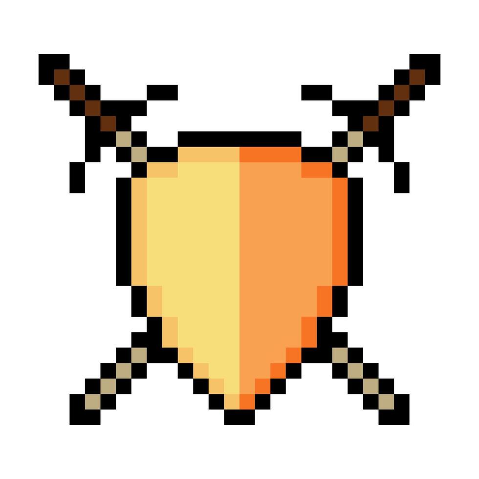 Shield sword in pixel art style isolated on white background vector
