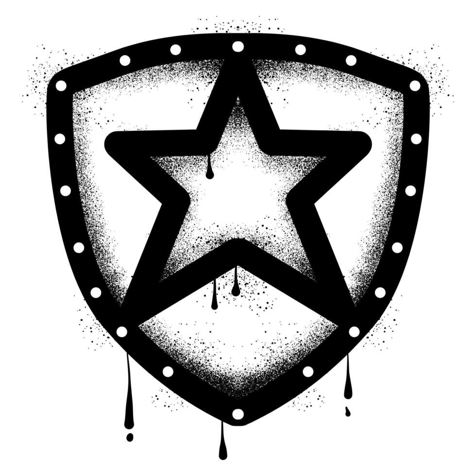 Shield with star symbol in black spray paint graffiti vector