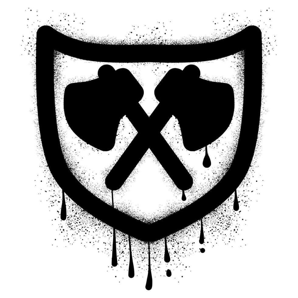 Shield graffiti with crossed axes in black spray paint vector