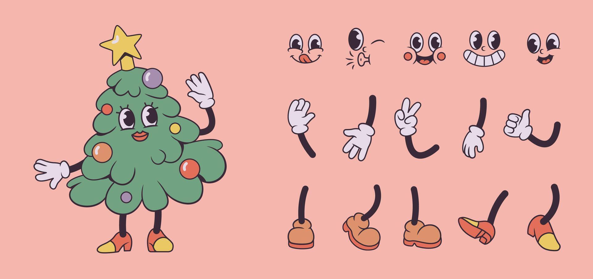 Cartoon Christmas tree character with mix-and-match parts vector