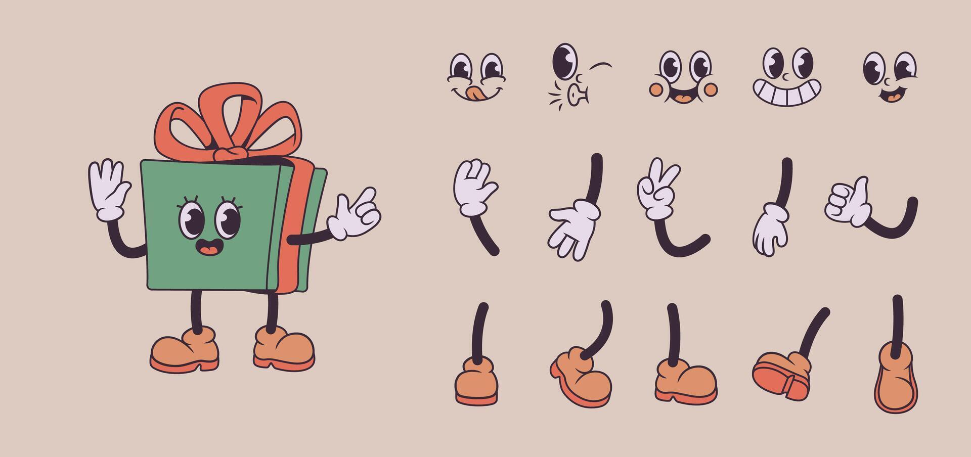 Cartoon gift box character with faces and limbs vector
