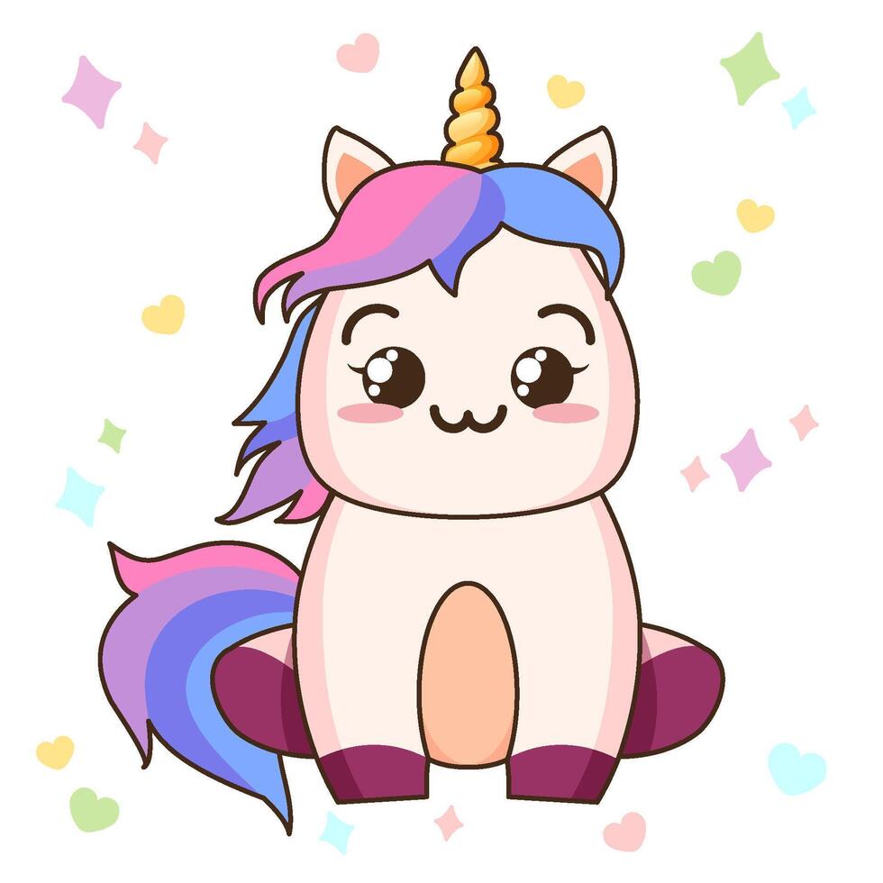 Cute kawaii sitting unicorn. illustration isolated on white background vector