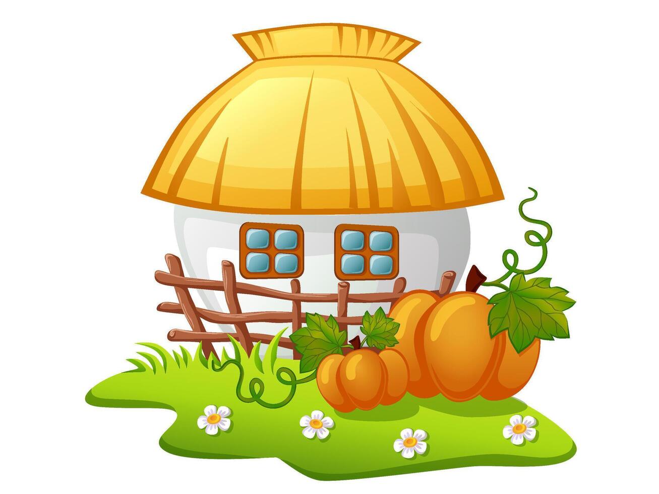 Ukrainian rural house with wooden fence and pumpkins vector
