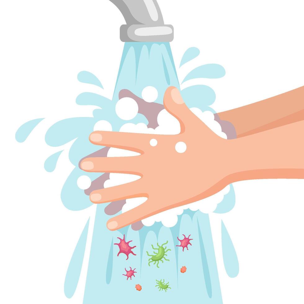 Child washes his hands with soap and foam under running water. Wash your hands concept. Personal hygiene. Prevent viruses and bacterias. Concept with washing hands vector