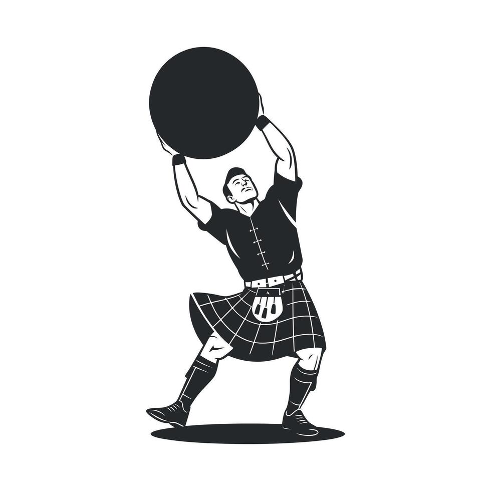 Strong Highland Games Athlete Tossing Heavy Weight Stone in Kilt vector