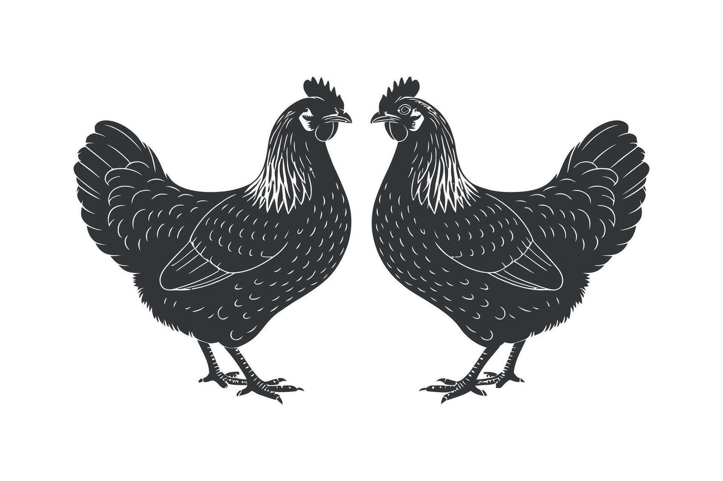 Two hens facing each other in a symmetrical black and white vector