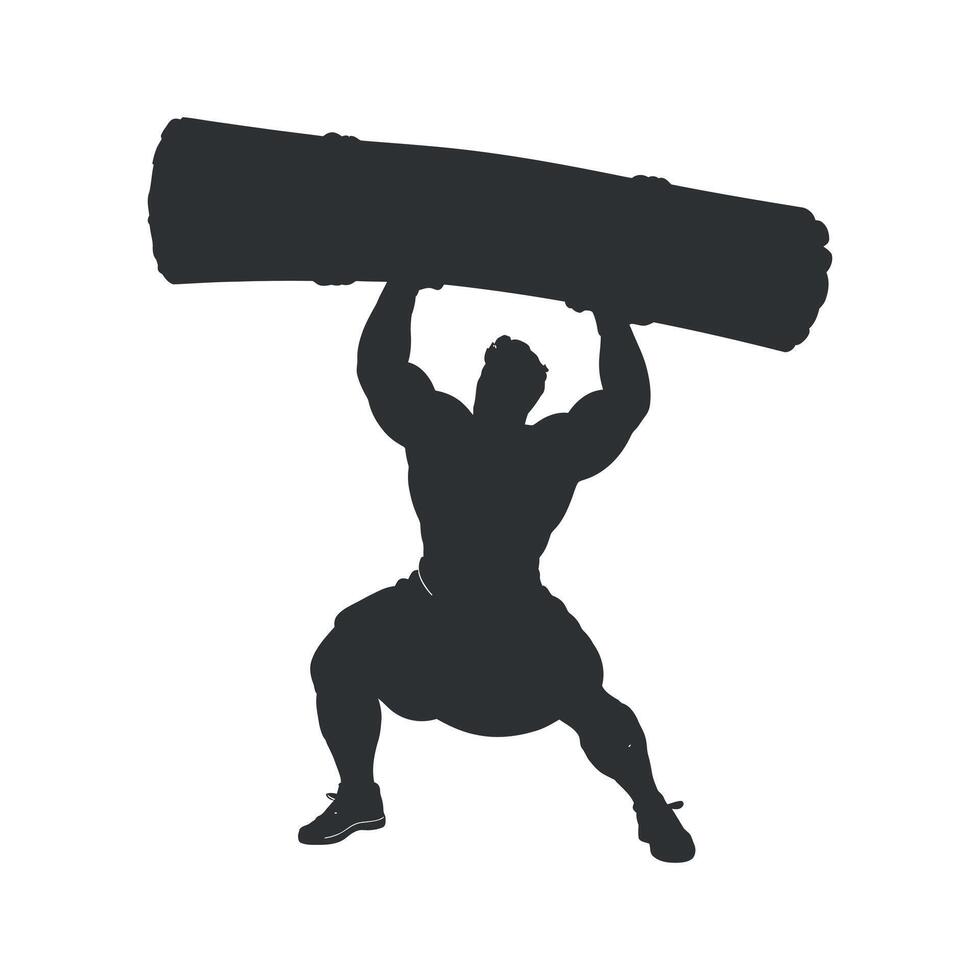 Silhouette of a Strong Man Lifting a Heavy Log Overhead in a Powerful Pose vector