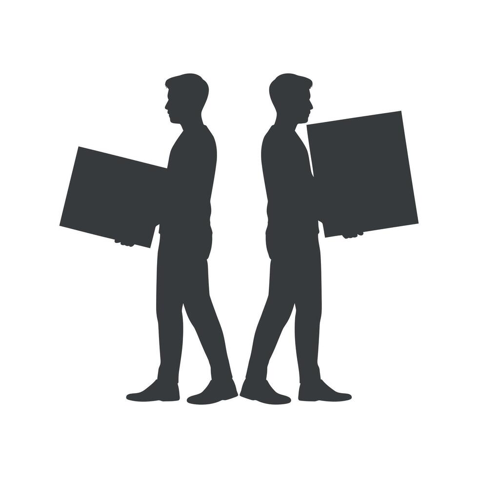 Two Men Silhouettes Carrying Boxes Teamwork Moving Delivery Service vector