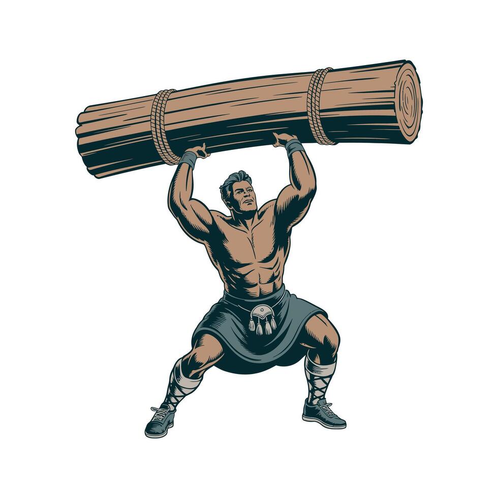 Strong Muscular Man in Kilt Lifting Heavy Wooden Log Athletic Power vector