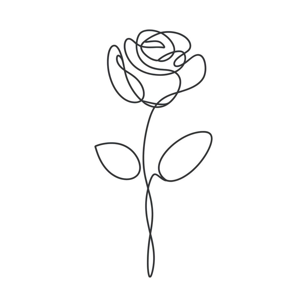 Elegant Single Line Drawing of a Rose Flower with Stem and Leaves vector